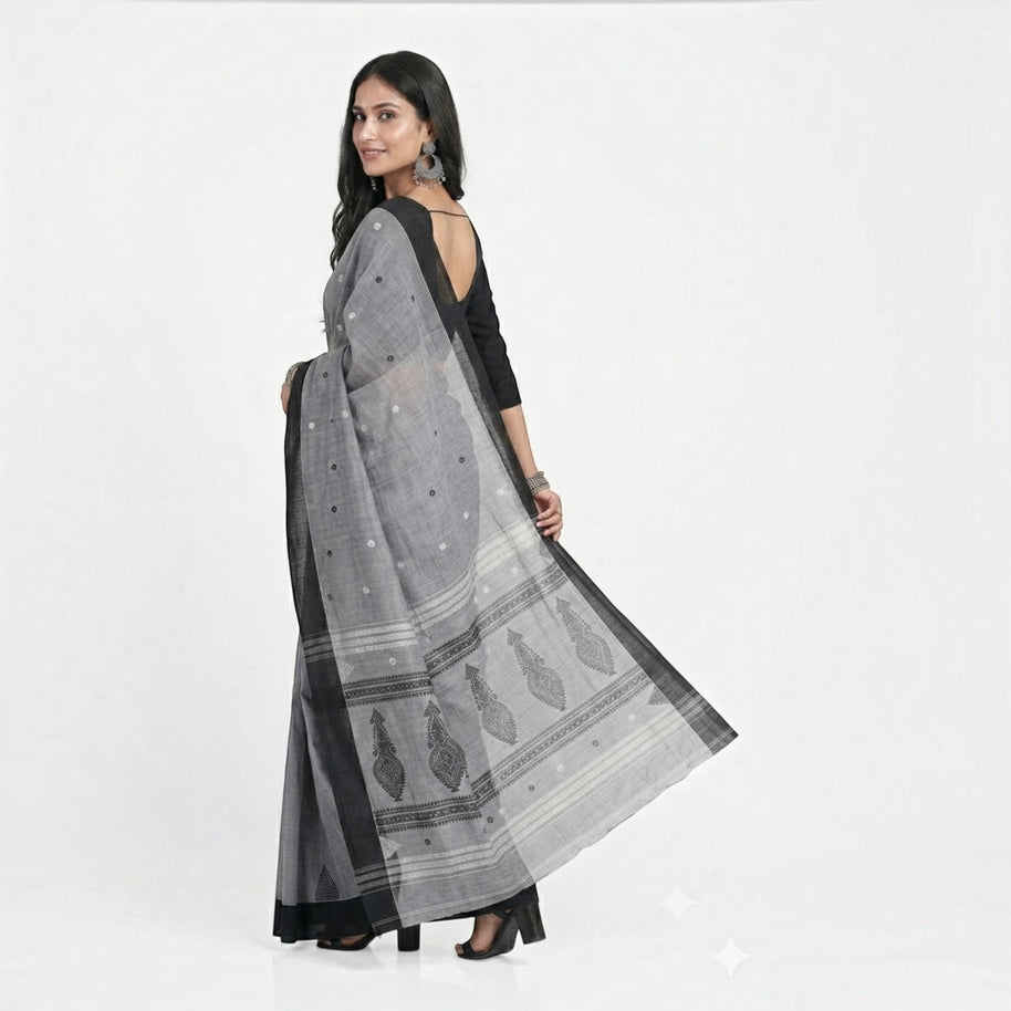 Grey Black Work Cotton Saree