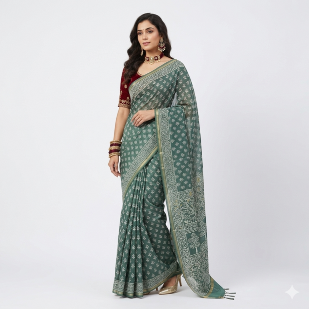 Aarvi Handblock Chanderi Silk Saree