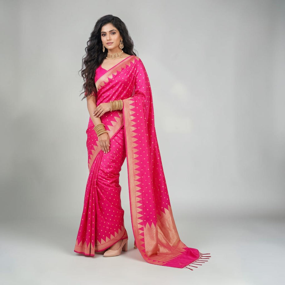 Pink Golden Buti Zari Work Silk Saree