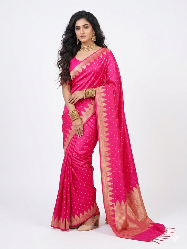 Pink Golden Buti Zari Work Silk Saree