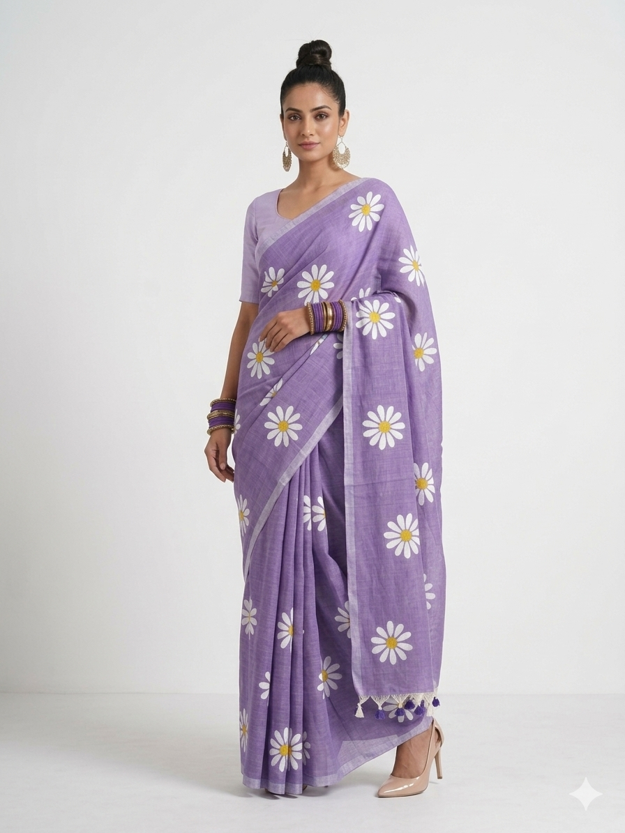 Lavender Bloom Handprinted Cotton Saree