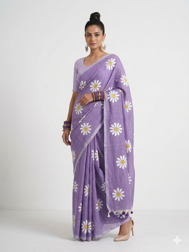 Lavender Bloom Handprinted Cotton Saree