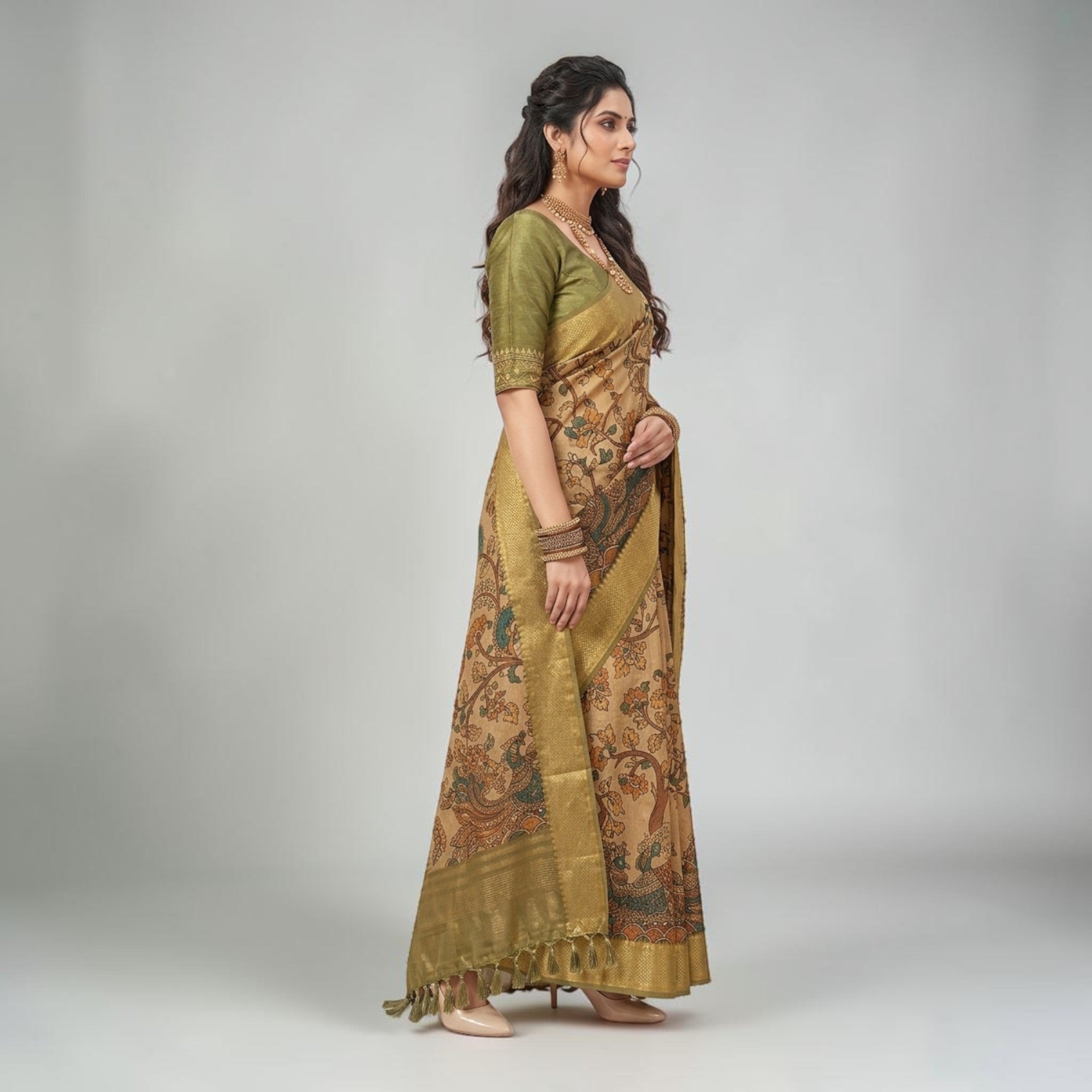 Golden Kalamkari Silk Saree