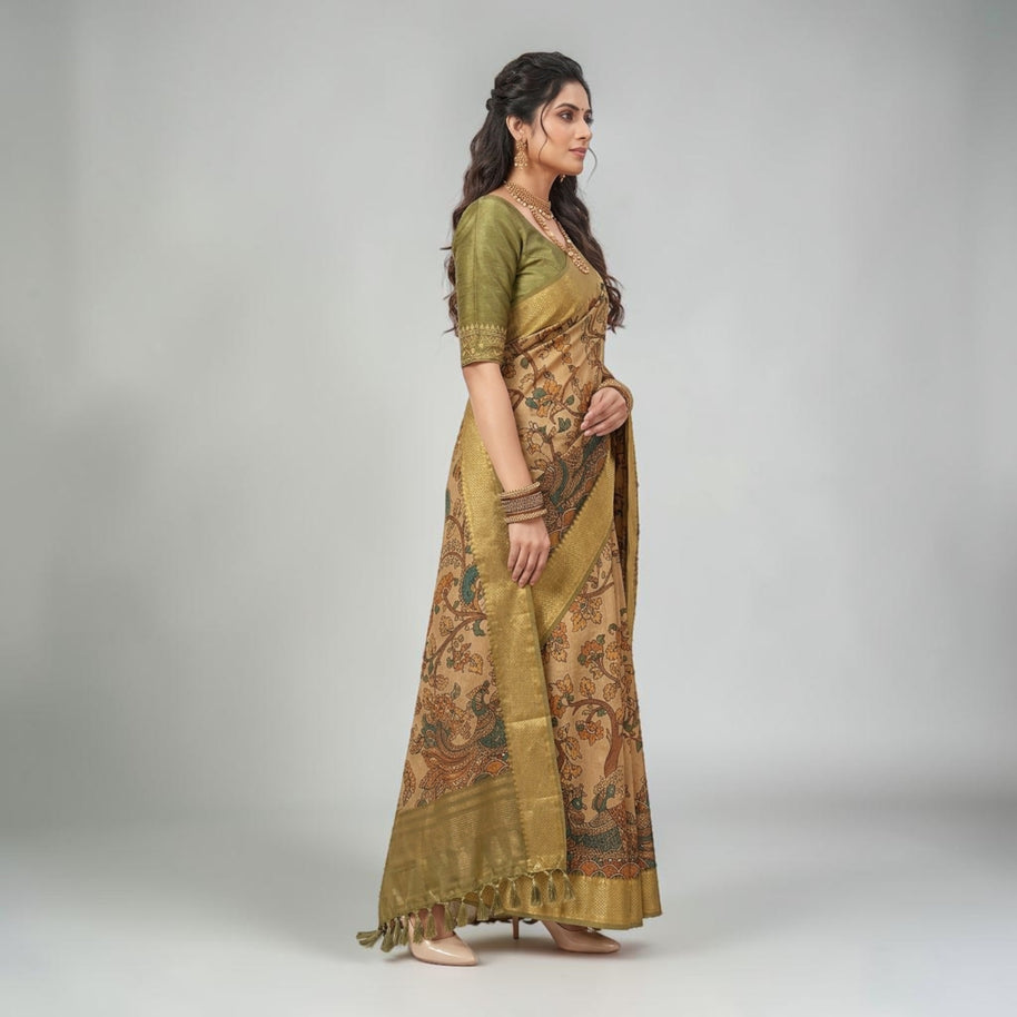 Golden Kalamkari Silk Saree