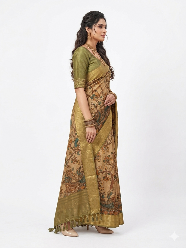 Golden Kalamkari Silk Saree