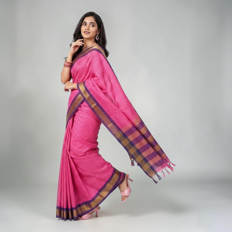 Pink Check Silk Saree
