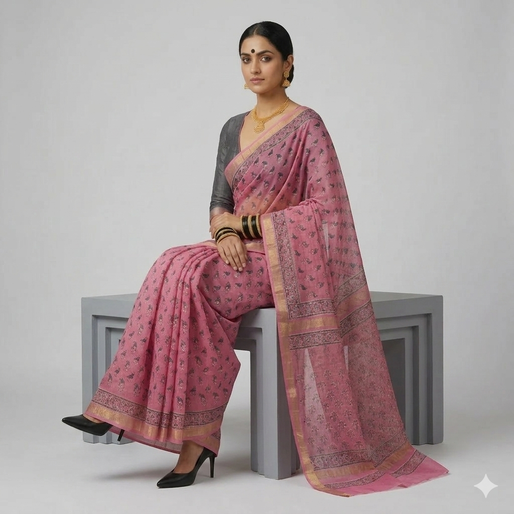 Pink Handblock Print Maheswari Silk Saree
