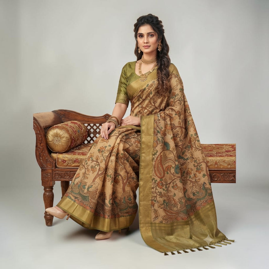 Golden Kalamkari Silk Saree