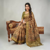 Golden Kalamkari Silk Saree