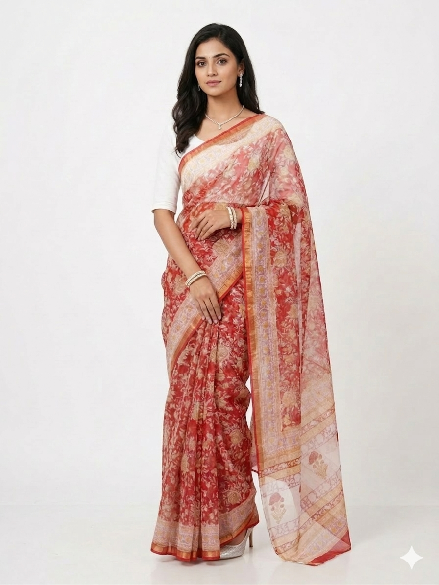 Red Yellow Handblock Kota Cotton Saree
