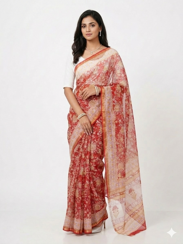 Red Yellow Handblock Kota Cotton Saree