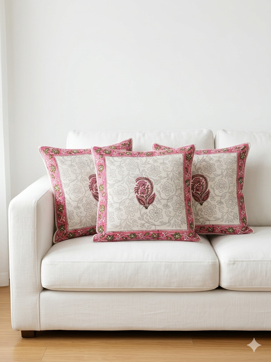 White Handblock Cotton Cushion