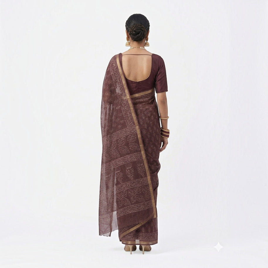 Brown Leaf Handblock Kota Cotton Saree