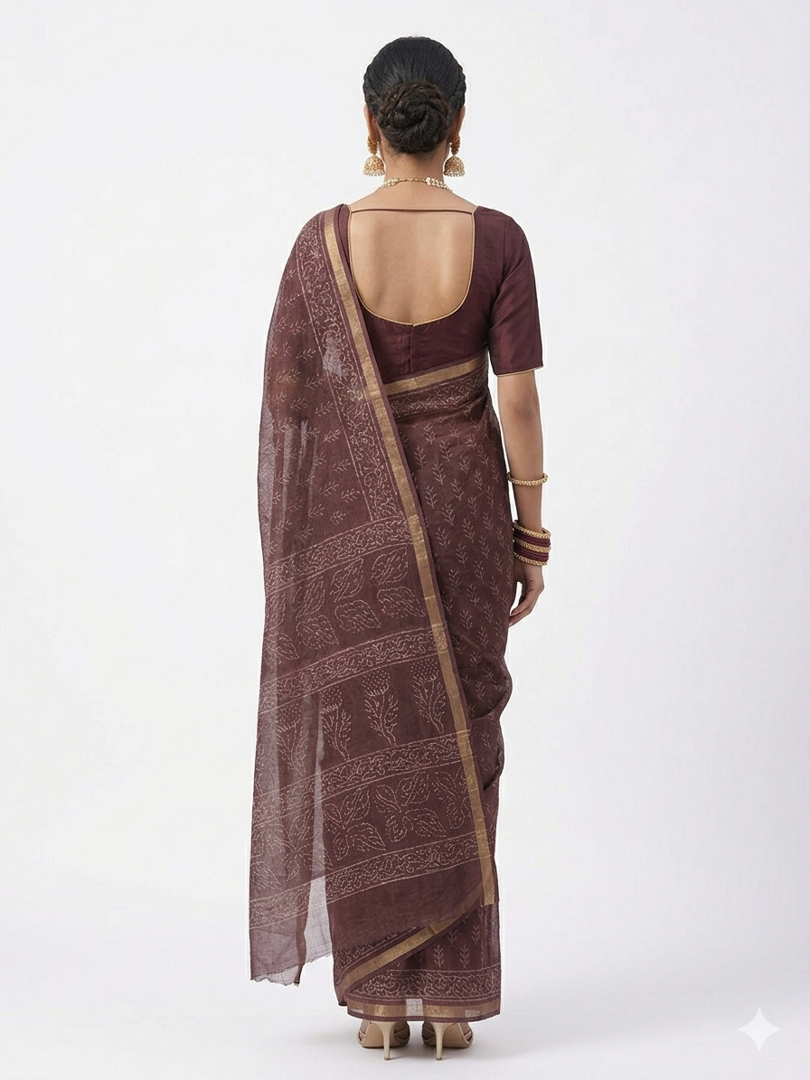 Brown Leaf Handblock Kota Cotton Saree