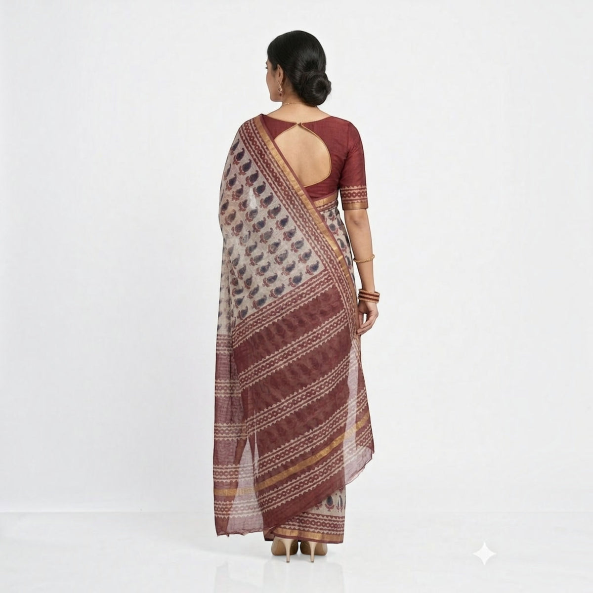 Offwhite Maroon Handblock Kota Cotton Saree