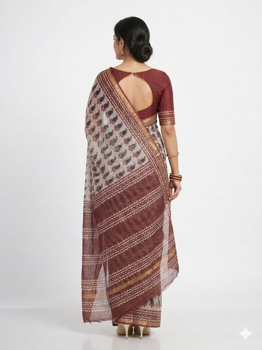 Offwhite Maroon Handblock Kota Cotton Saree
