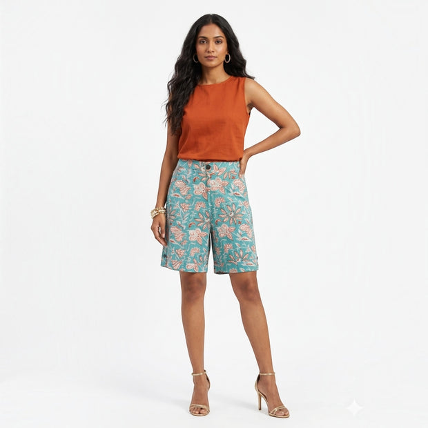 Sky Blue Handblock Cotton Shorts
