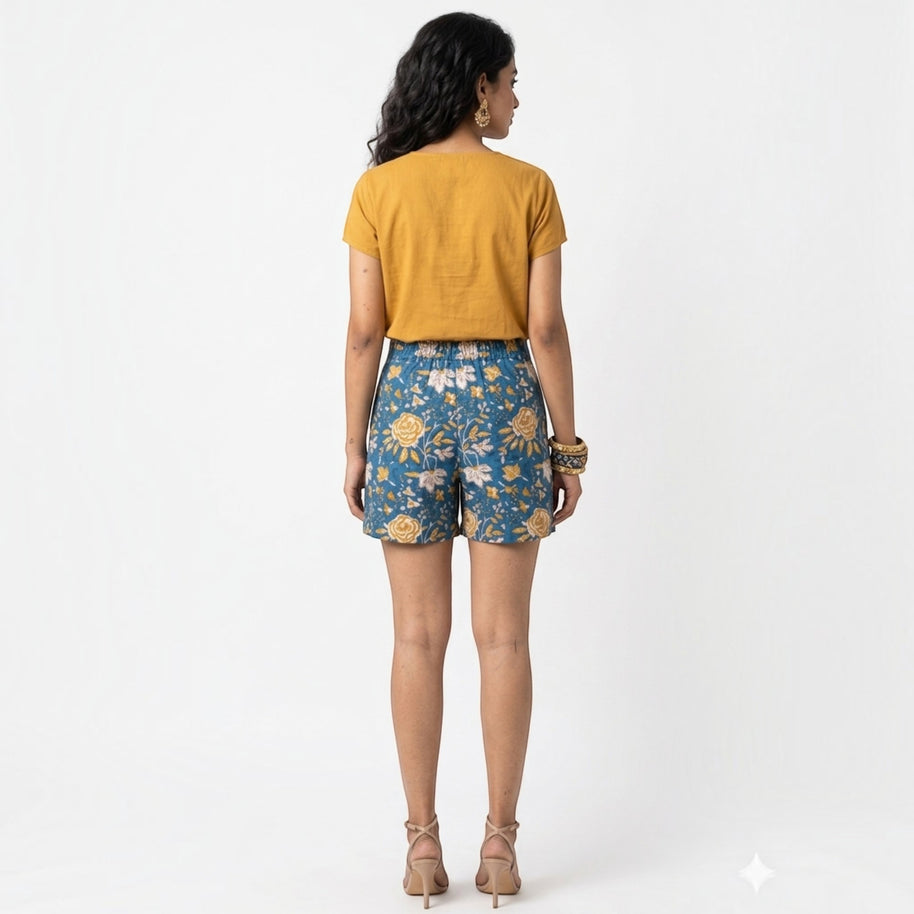 Blue Floral Handblock Cotton Shorts