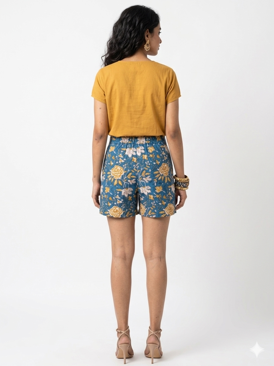 Blue Floral Handblock Cotton Shorts