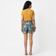 Blue Floral Handblock Cotton Shorts