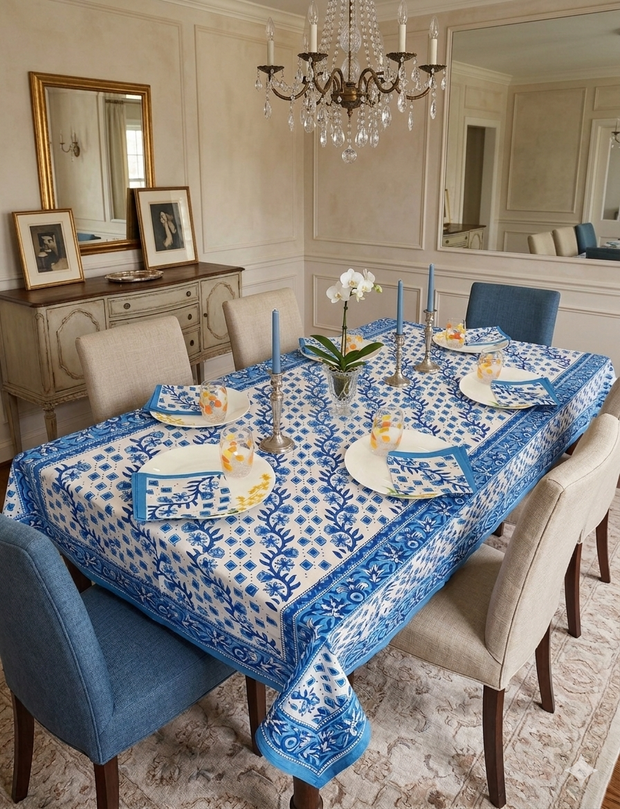 Handblock Print Cotton 6 Seater Rectangular Table Cover