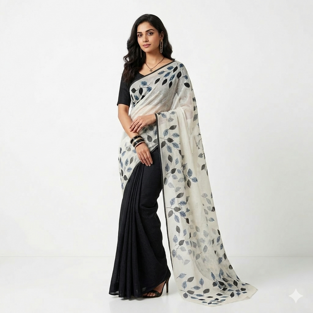 Black Grey Handpainted Kota Cotton Saree