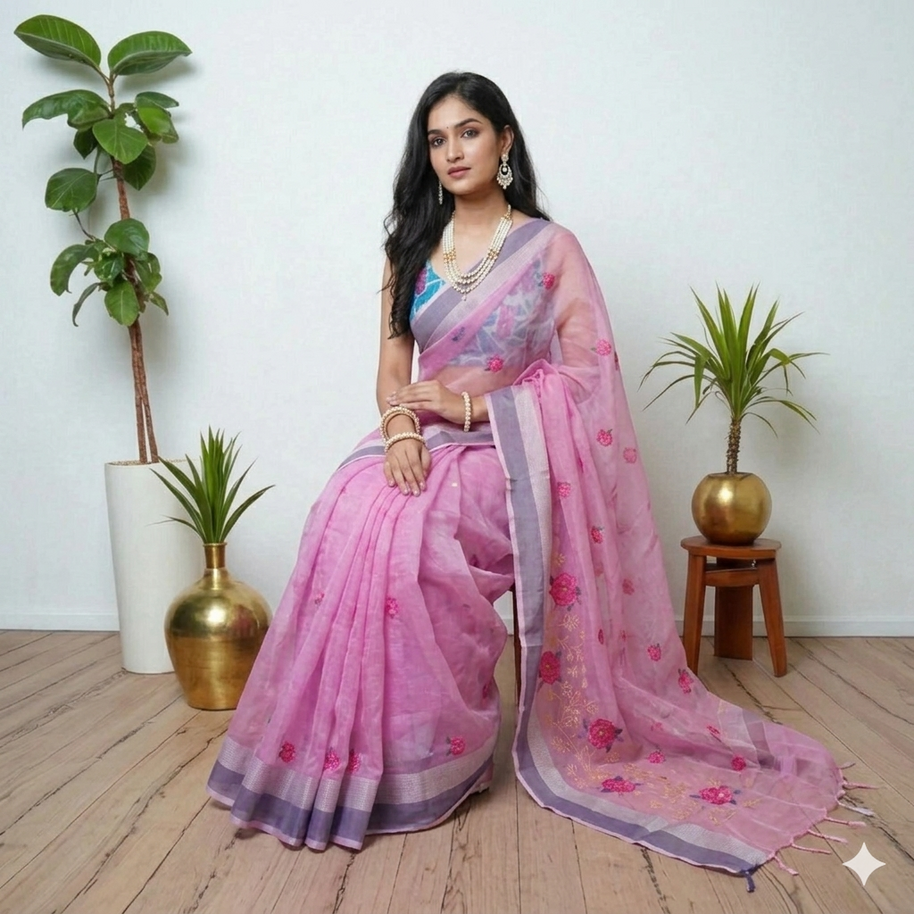 Pink Embroidery Kota Cotton Saree