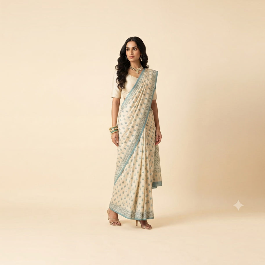 Cream Floral Silk Saree
