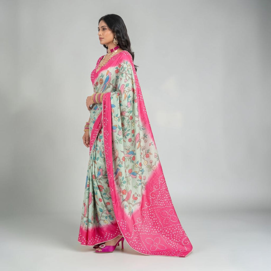 Green Kalmakari Bandhani Makhmali Silk Saree
