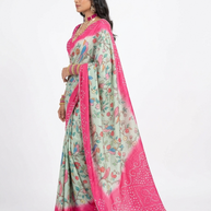Green Kalmakari Bandhani Makhmali Silk Saree