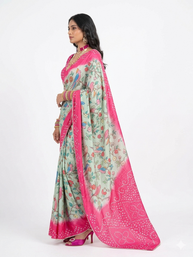 Green Kalmakari Bandhani Makhmali Silk Saree
