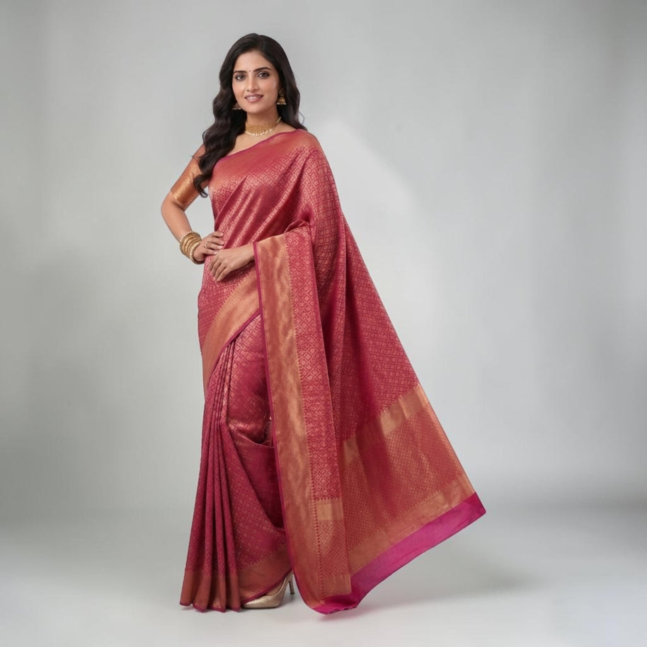 Rani Pink Golden Zari Work Silk Saree