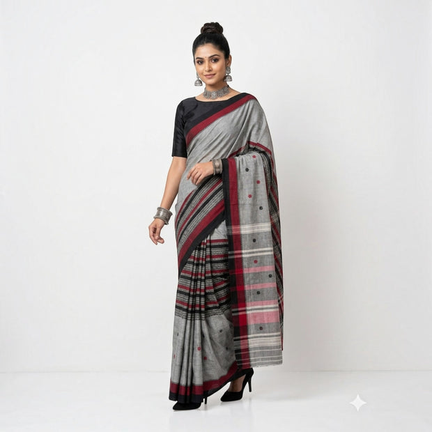 Grey Black Stripe Handwoven Cotton Saree