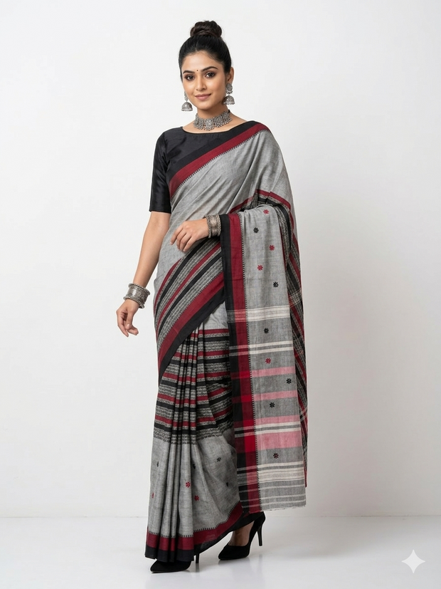 Grey Black Stripe Handwoven Cotton Saree