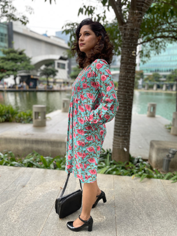 Neelira Handblock Smocked Cotton Dress