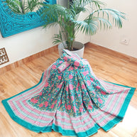 Green Pink Handblock Print Double Bedsheet
