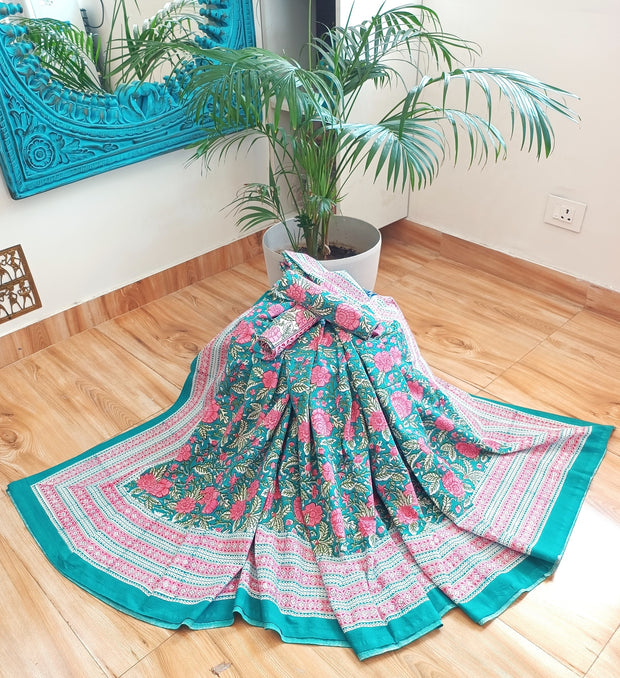 Green Pink Handblock Print Double Bedsheet