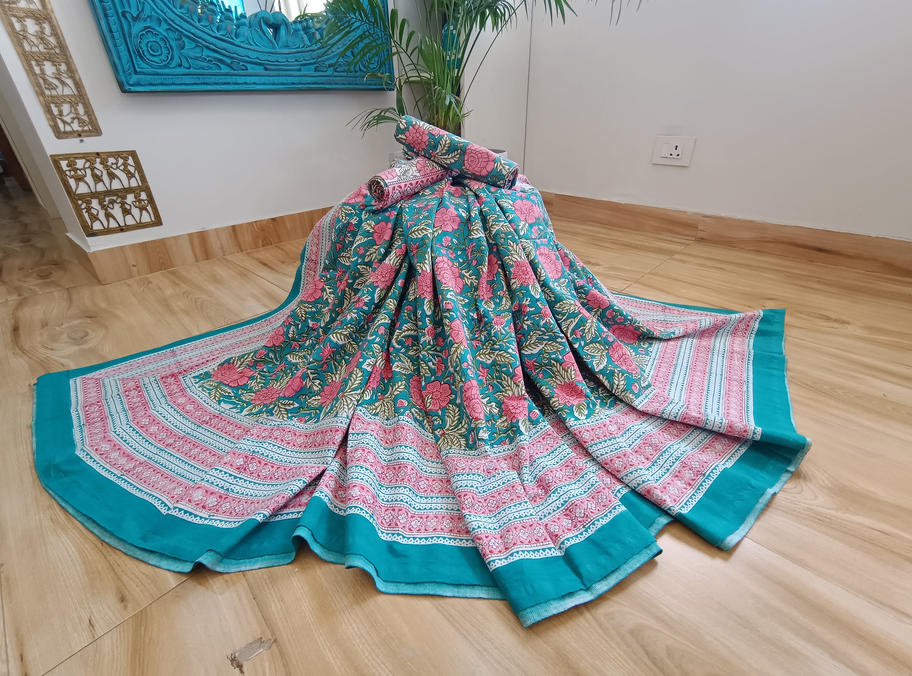 Green Pink Handblock Print Double Bedsheet