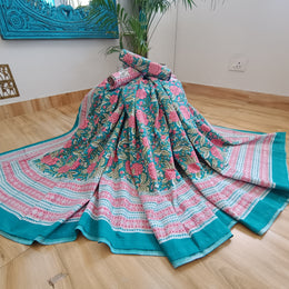 Green Pink Handblock Print Double Bedsheet