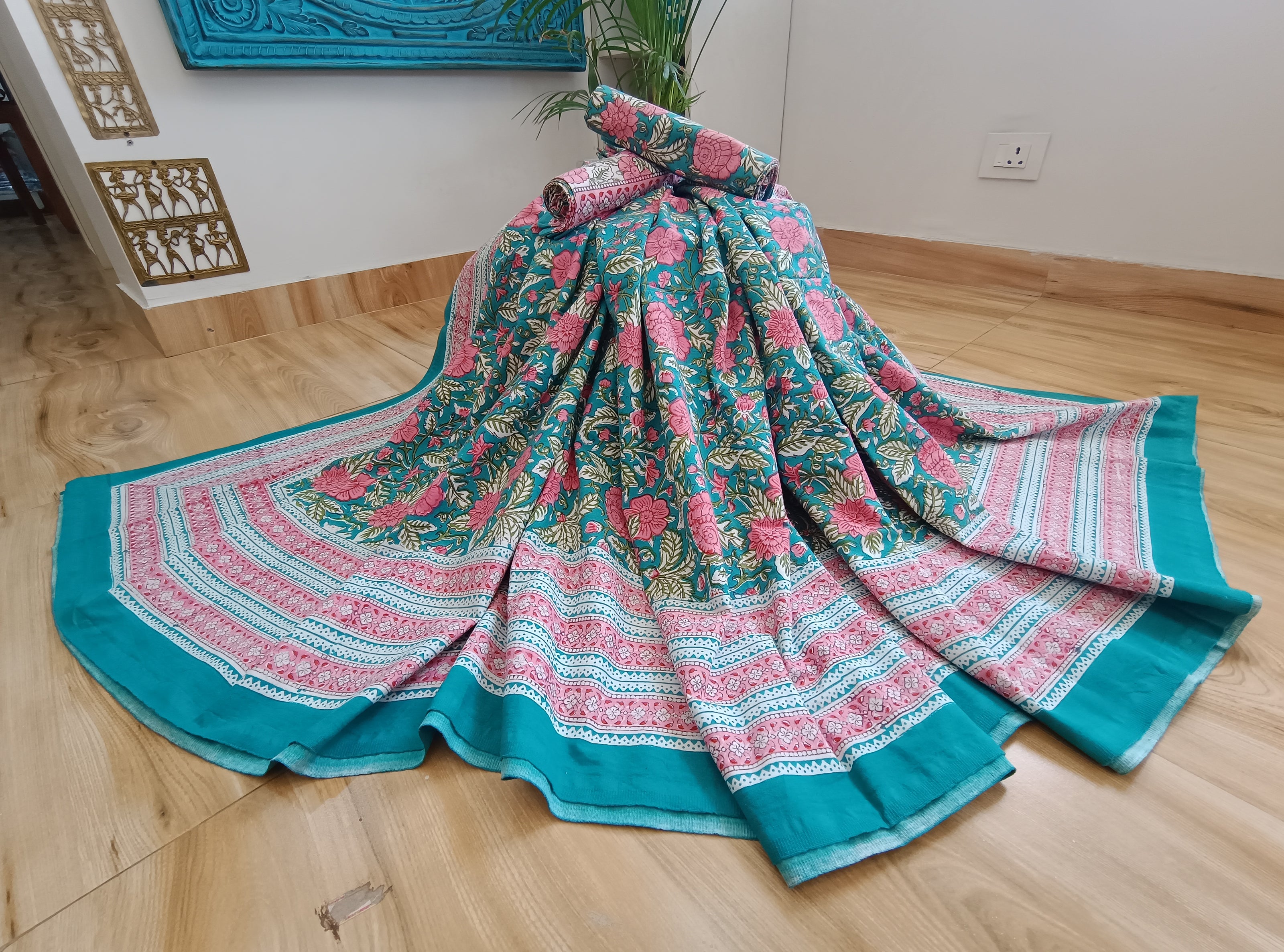 Green Pink Handblock Print Double Bedsheet