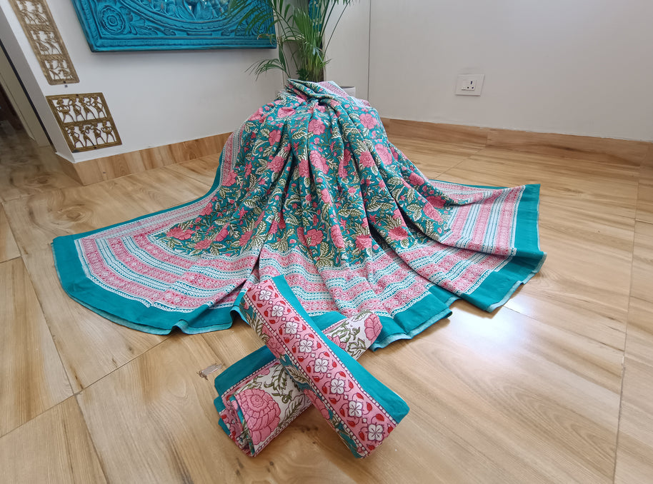 Green Pink Handblock Print Double Bedsheet