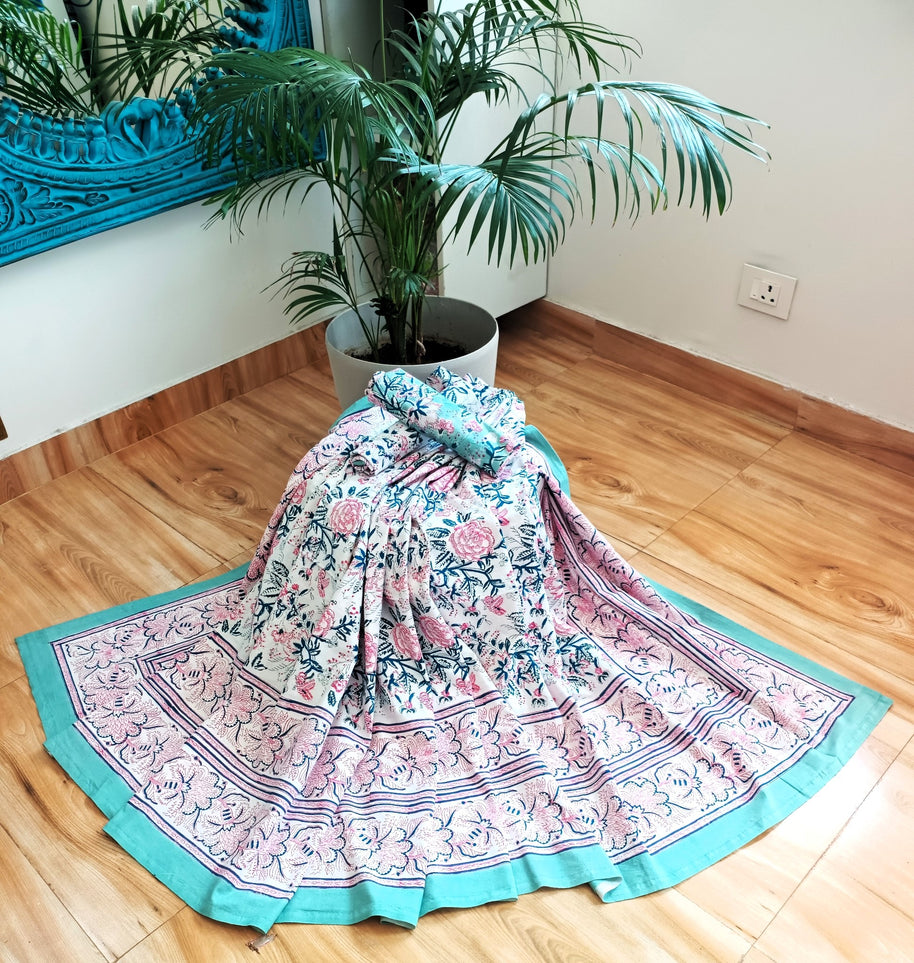 White Pink Handblock Print Double Bedsheet