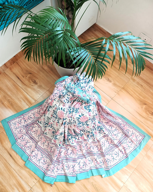 White Pink Handblock Print Double Bedsheet