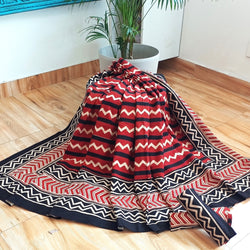 Black Cream Wave Handblock Print Double Bedsheet