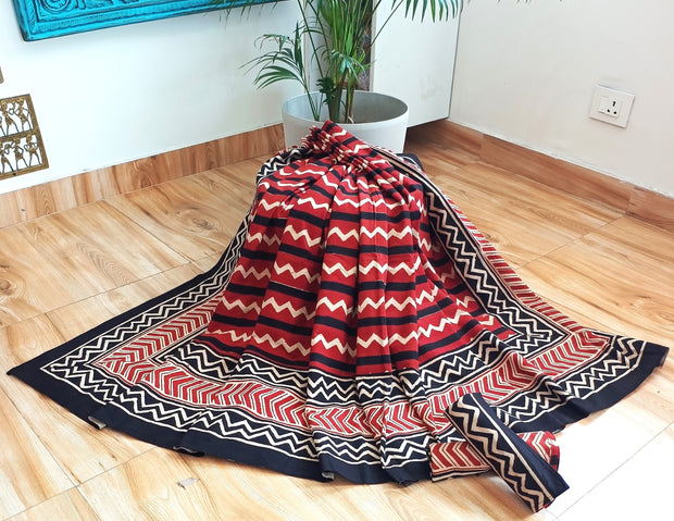 Black Cream Wave Handblock Print Double Bedsheet