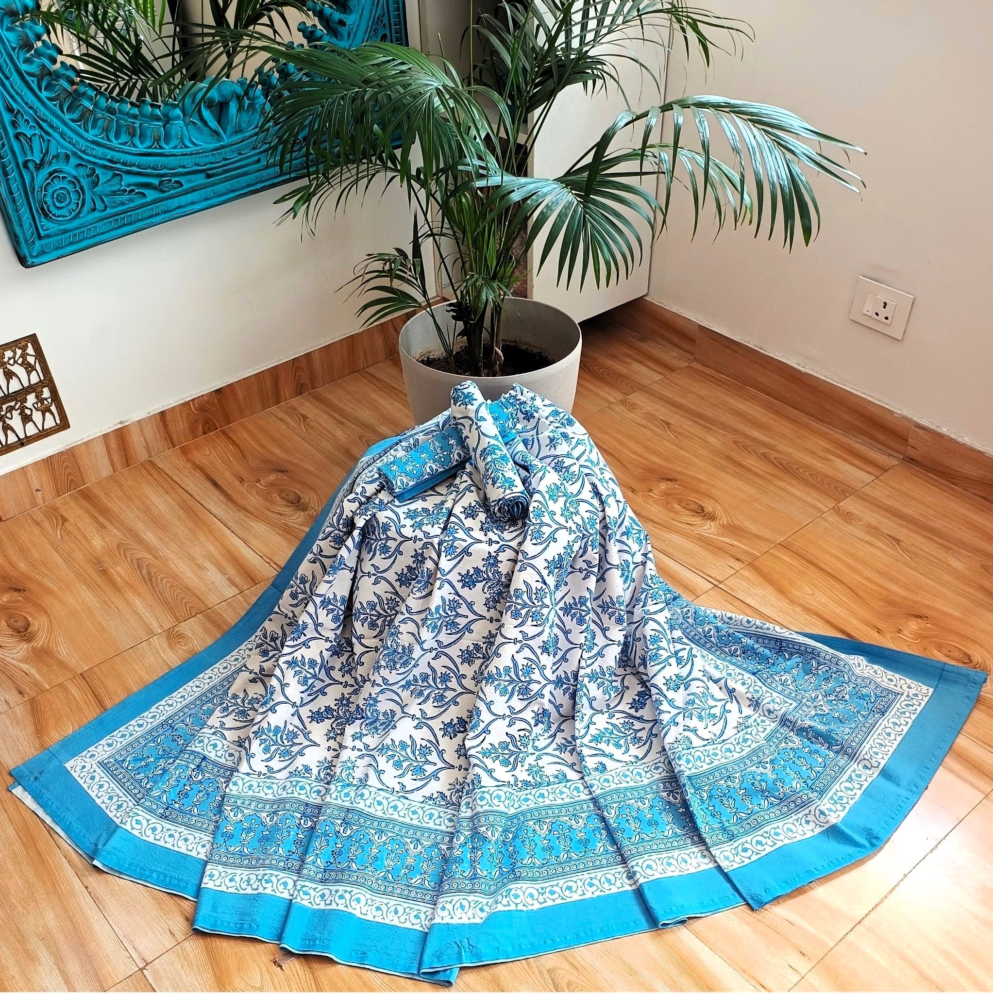 Sky Blue White Handblock Print Double Bedsheet