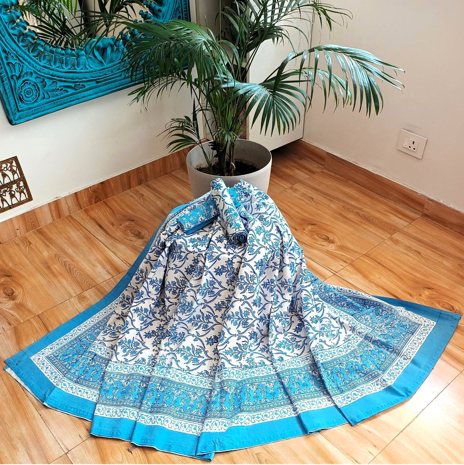 Sky Blue White Handblock Print Double Bedsheet