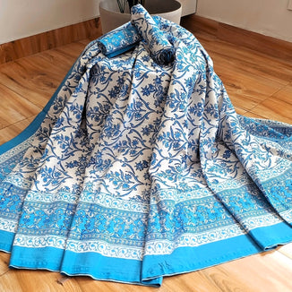 Sky Blue White Handblock Print Double Bedsheet