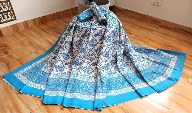 Sky Blue White Handblock Print Double Bedsheet