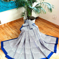 White Navy Blue Stripe Handblock Print Double Bedsheet